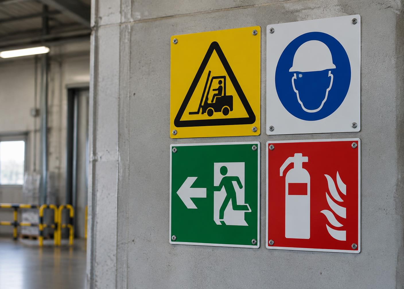 Warning, mandatory, fire exit and fire extinguisher signs fixed to a warehouse wall